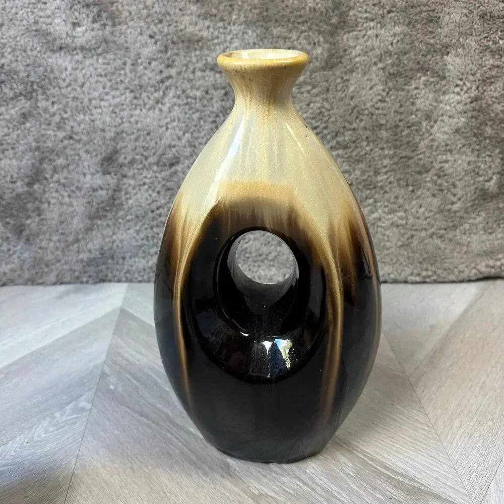 Pair of 2 Vases MCM Mid Century Modern Ceramic Brown Tan Beige Oval Circle